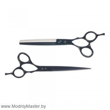 Набор DEWAL из двух парикмахерских ножниц 7" чёрного цвета эргономичные, съемный упор